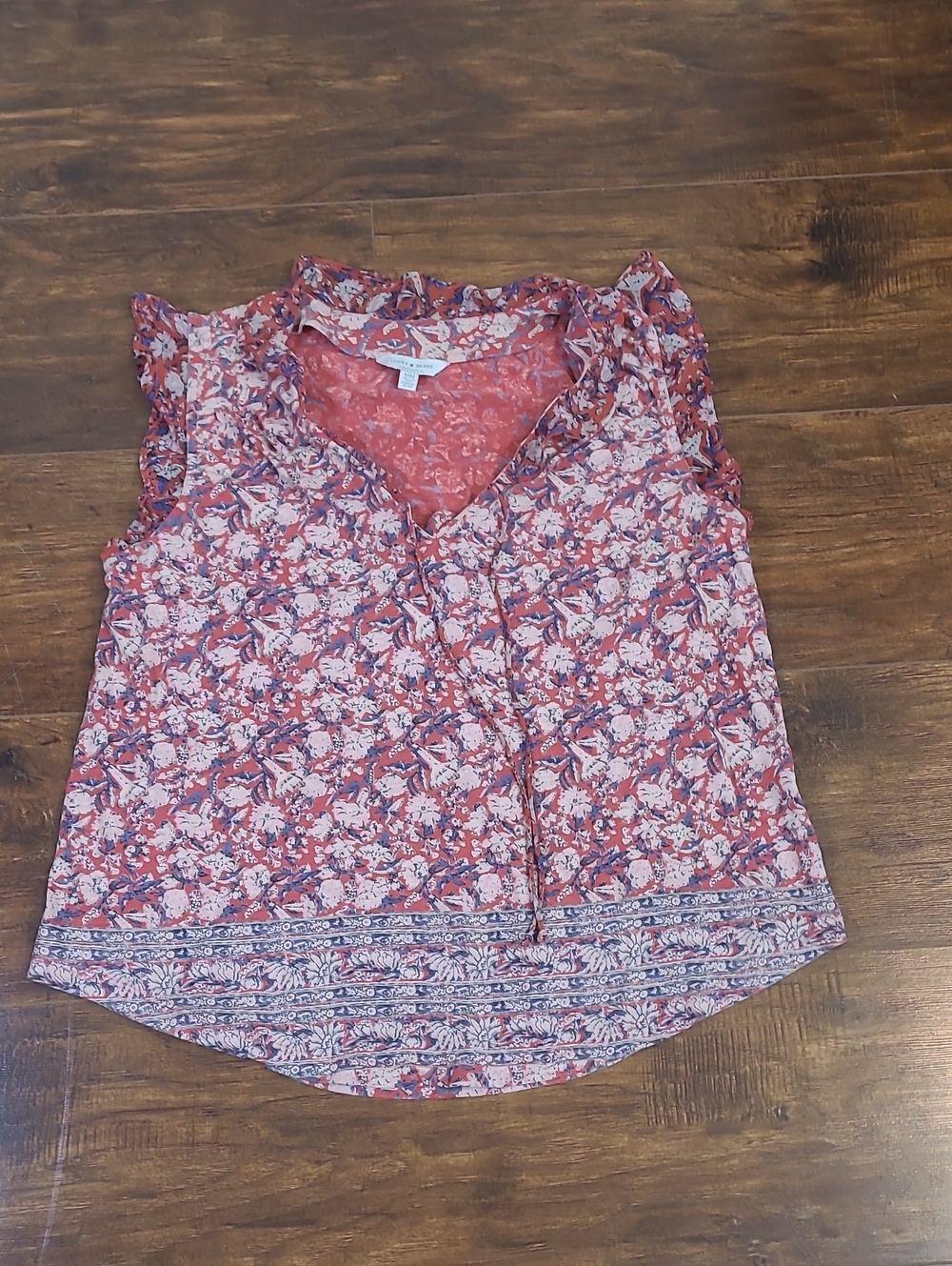 Lucky Brand Rose-Pink Floral V-Neck Ruffle Sleeve Top Natural Material Med